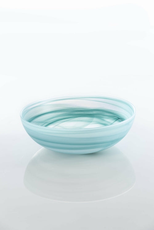 LARGE FROSTED ALABASTER SHALLOW ROUND GLASS BOWL, TURQUOISE