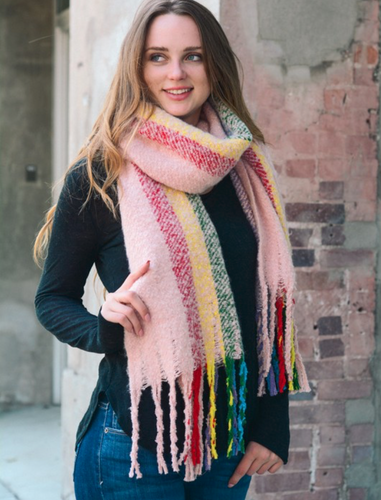 Super Soft Pink Rainbow Large Tassel Scarf