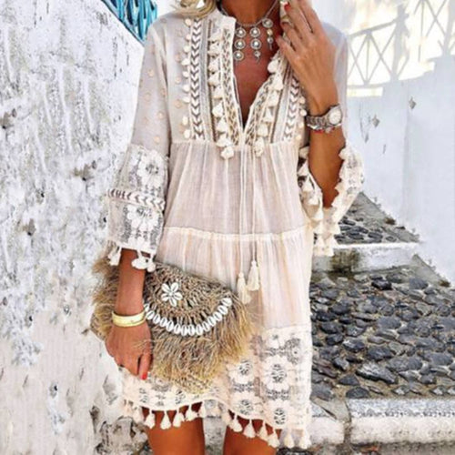 Women Dress- Sexy V-Neck Bohemian Floral Mini Dress