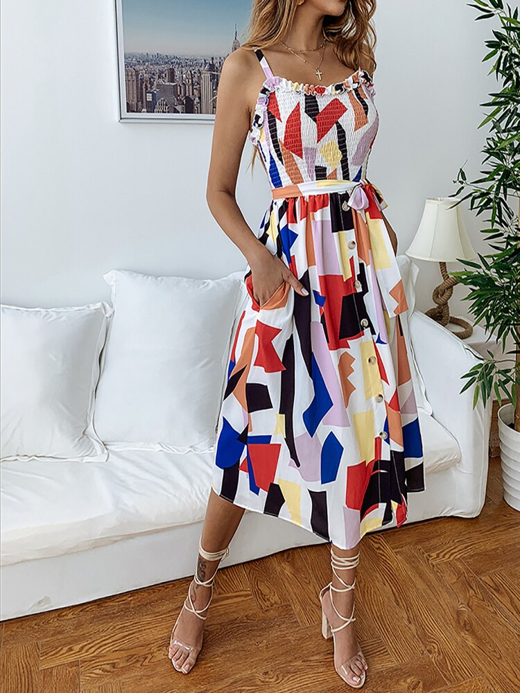 Strap women Long Dress Button Geometric Print-Elegant-Short Sleeve -Casual