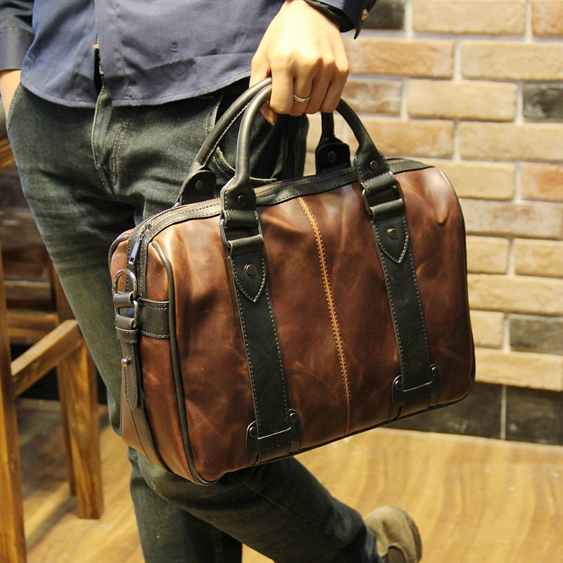Duffle Bags- Brown Leather Travel Bags With Side Pockets For Men