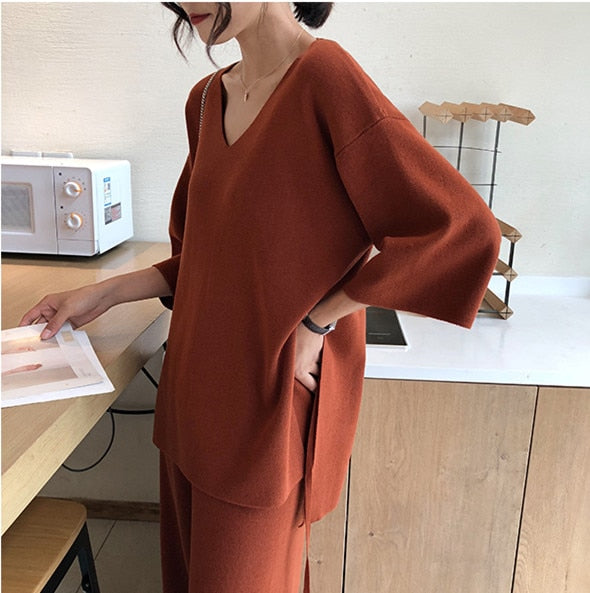 Women Two Piece Sweater-Knitted Pullover V-neck Long Sleeve -Wide Leg Pants