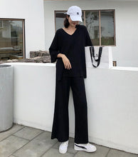 Women Two Piece Sweater-Knitted Pullover V-neck Long Sleeve -Wide Leg Pants