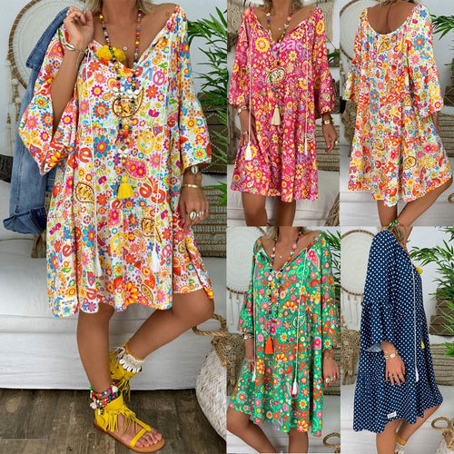 Women Mini Boho Floral -Long Sleeve Dress